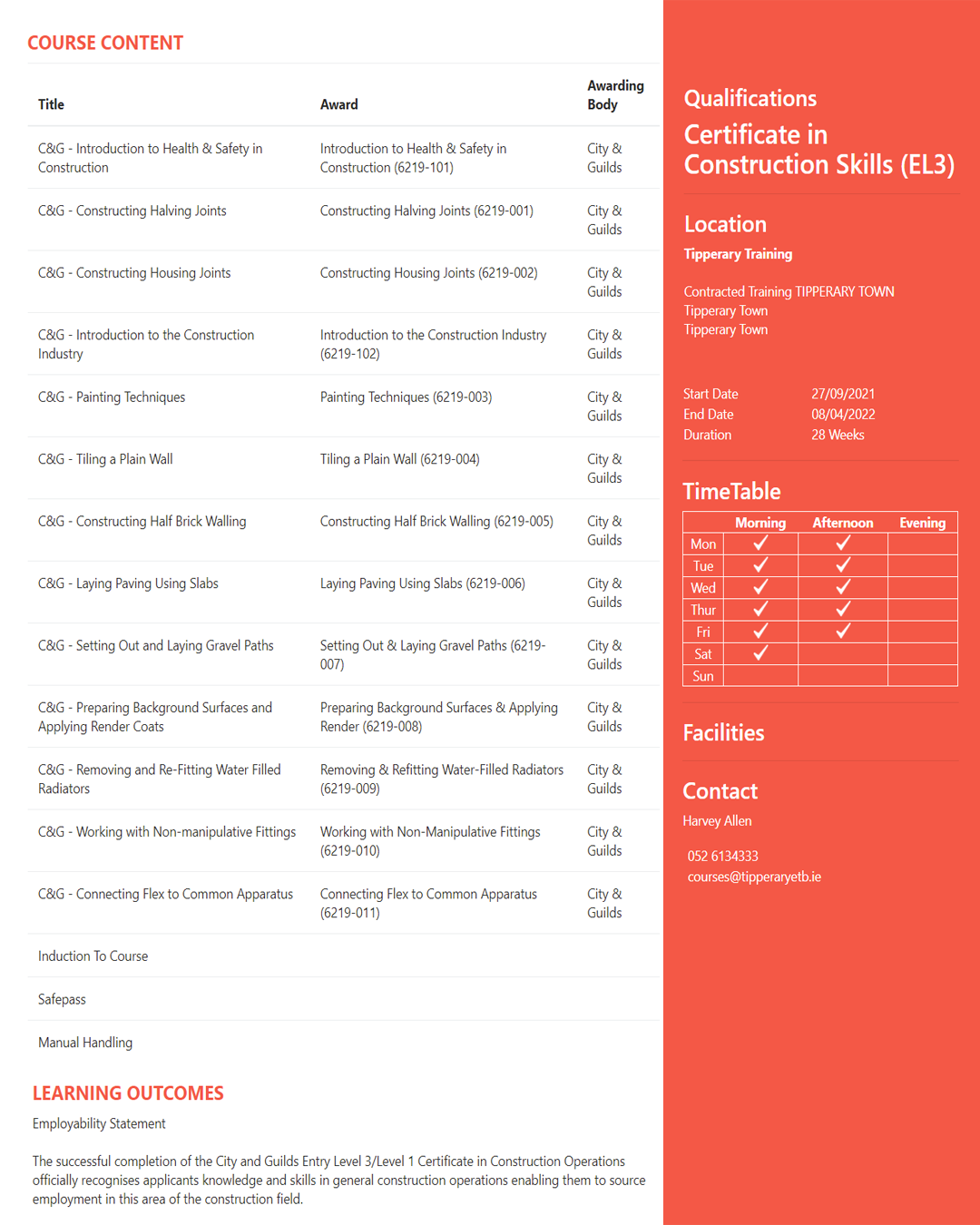Pre-apprenticeship course in construction skills
