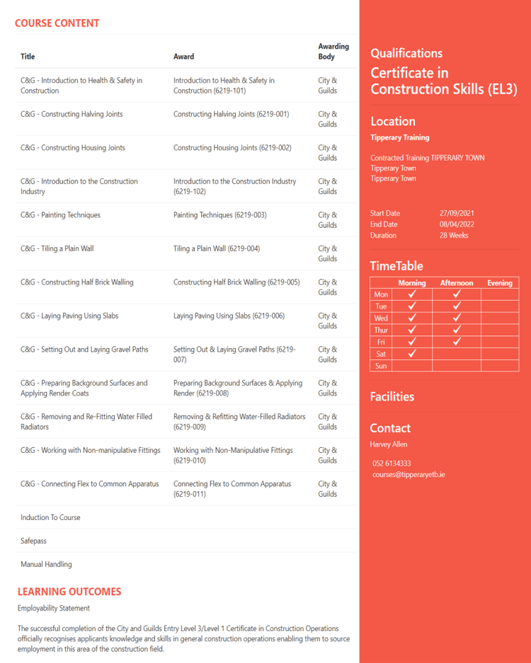 Details of Construction Skills Course